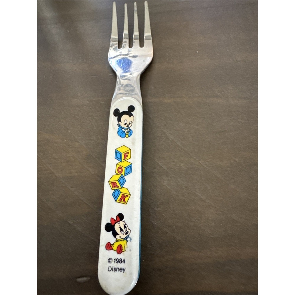 Disney Kids Fork Mickey, Minnie Vintage Blocks 1984 Stainless Taiwan